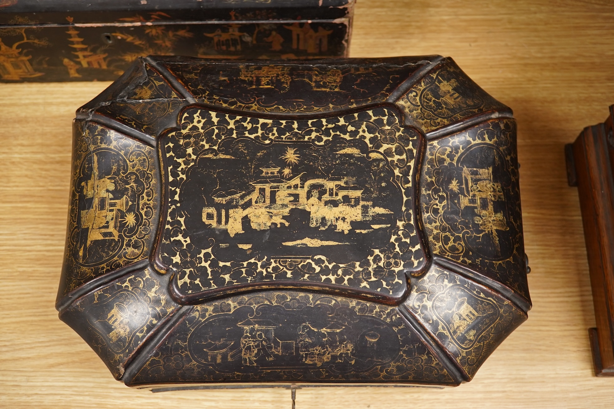 Two 19th century Chinese export lacquer boxes, to include a hexagonal example with front drawer and key, 36cm wide x 28cm deep x 16cm high